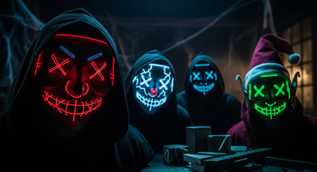Scary photographic image of a group of people in glowing neon masks and dark hoods for Halloween or Christmasの素材