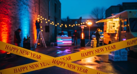 Photographic image of a happy new year caution tape at an outdoor night street party with blurred backgroundの素材