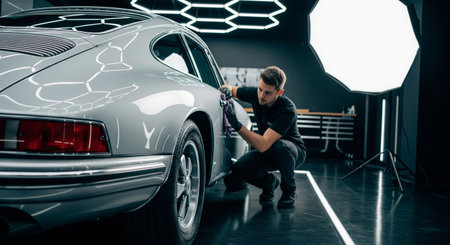 Photographic image of a professional male detailer polishing a classic silver sports car in a modern detailing studioの素材