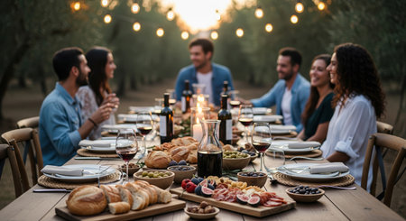 Friends having a cinematic dinner party at a long table outdoors in a vineyard at sunset with wine, food, and warm string lightsの素材