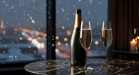 Elegant celebration with a champagne bottle and two glasses on a marble table against a snowy, blurred city view at nightの素材