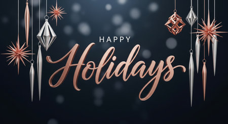 Happy holidays text with elegant rose gold and silver christmas ornaments on a dark blue background with bokeh lights, a luxury 3d greeting cardの素材