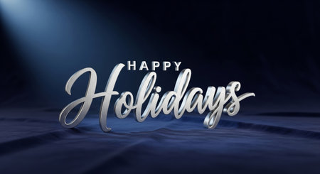 Elegant 3d silver happy holidays text on a dark blue silk fabric background under a cinematic spotlightの素材
