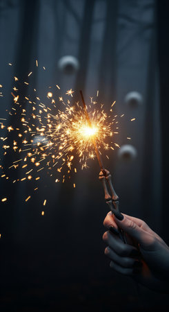 Spooky halloween or new year celebration with a hand holding a burning sparkler with a skeleton bone in a dark forestの素材