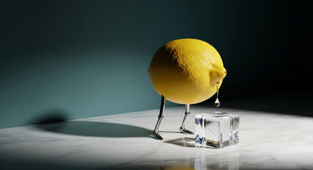 Surreal minimalist still life concept with a fresh lemon on metal legs dropping juice onto an ice cube under a harsh lightの素材
