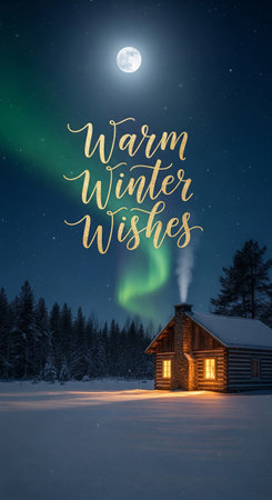Warm winter wishes holiday card with a cozy log cabin in the snow under the northern lights and a full moon at nightの素材
