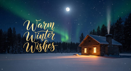 Warm winter wishes holiday card with a cozy log cabin in the snow under the northern lights and a full moon at nightの素材