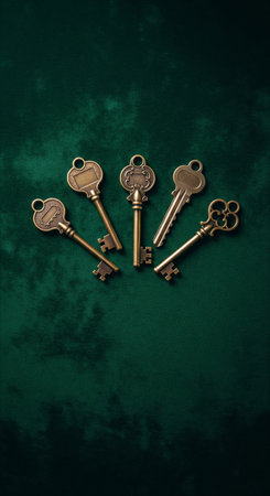 Vintage bronze keys arranged in a semicircle on a dark green velvet background, a concept of mystery and opportunityの素材