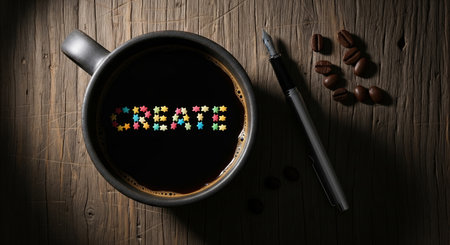 Creative concept with the word 'create' in colorful letters floating in a coffee cup on a rustic wooden desk with a penの素材