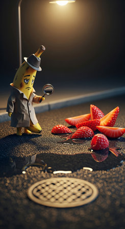 Funny concept of a banana detective character investigating sliced strawberries on a wet street at night, a creative 3d illustrationの素材