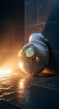 Humorous concept of a disco ball relaxing at a spa with a towel and cucumber slices in a warm bathroom settingの素材