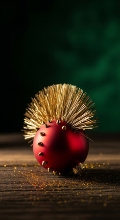 Conceptual photographic style of a red christmas bauble with a golden mohawk and spikes in a punk rock styleの素材