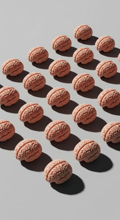 Minimalist 3d render of a human brains pattern in neat rows on a gray background with a hard shadowの素材