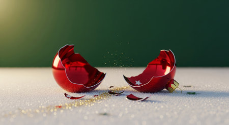 Cinematic photography of a broken red christmas bauble on snow with magical glitter dust against a green backgroundの素材
