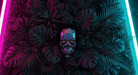 Cyberpunk 3d render of a chrome skull in a tropical jungle with pink and blue neon lightsの素材