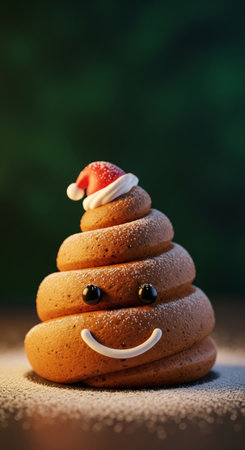 Humorous 3d render of a gingerbread cookie shaped like a poop emoji wearing a santa hat on a snowy surfaceの素材