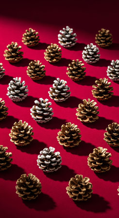 Pop art style pattern of golden and snowy pine cones on a red background with a hard shadowの素材