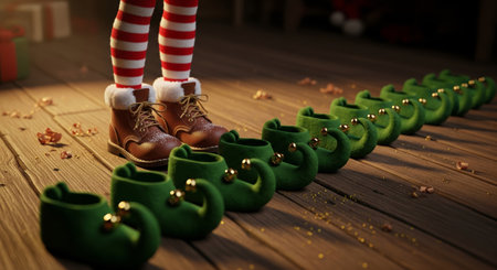 Cinematic 3d render of an elf preparing boots for Christmas with a line of traditional green elf shoesの素材