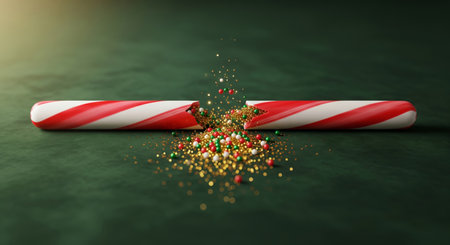 Cinematic 3d render of a broken candy cane revealing a magical filling sprinkles and glitter on a green backgroundの素材