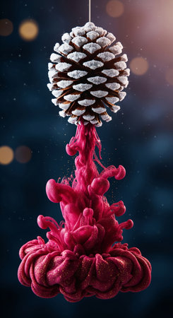 Surreal 3d render of a snowy pine cone with a magical pink smoke explosion on a dark bokeh backgroundの素材
