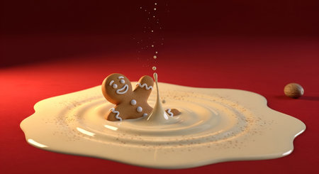 Humorous 3d render of a happy gingerbread man cookie drowning in a pool of eggnog on a festive red backgroundの素材