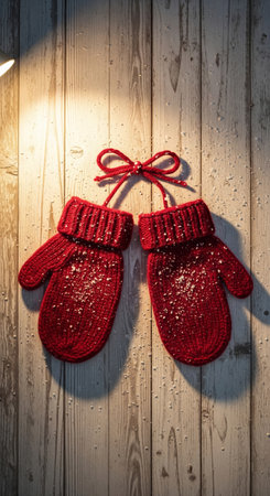 Cozy photographic flat lay of red knitted mittens with snow on a rustic white wooden background under a warm lamp lightの素材