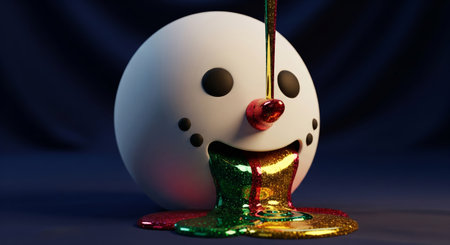 Surreal 3d render of a cute snowman puking a rainbow of christmas glitter against a dark blue backgroundの素材