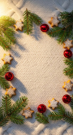 Cozy photographic flat lay frame of star shaped cookies, fir branches and red bells on a white knitted backgroundの素材