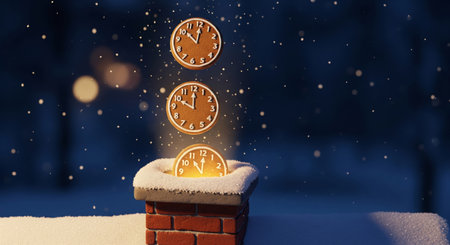 Surreal 3d render of gingerbread cookie clocks flying out of a chimney on a snowy rooftop at nightの素材