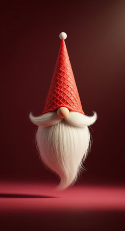 Creative 3d render of a christmas gnome with a waffle cone hat and a fluffy white beard on a red backgroundの素材