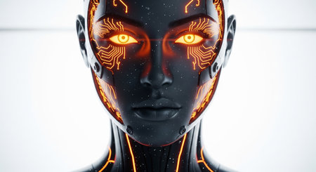 Futuristic sci-fi 3d render of a female android with glowing orange eyes and circuits symbolizing artificial intelligenceの素材