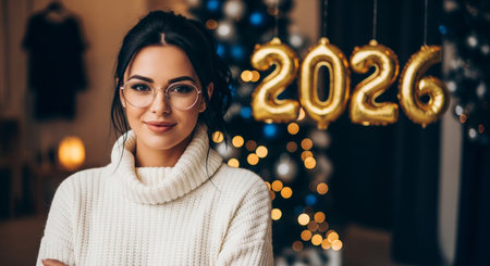 A beautiful young woman in a cozy sweater and glasses celebrating the new year 2026 with balloons and bokeh lightsの素材