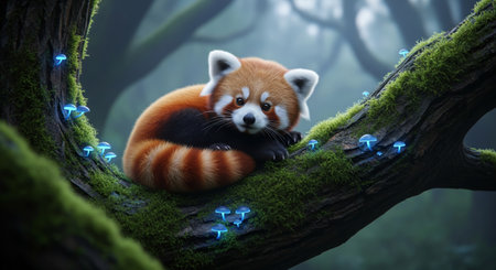 Adorable red panda on a mossy branch surrounded by glowing blue mushrooms in a magical misty forest, fantasy digital illustrationの素材