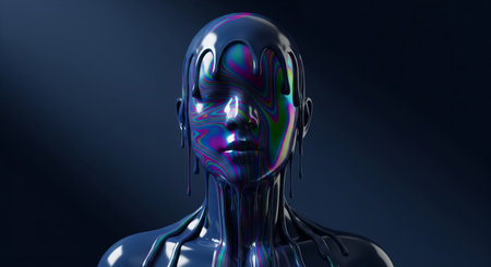 Futuristic abstract portrait of a human head covered in dripping iridescent liquid, 3d render illustrationの素材
