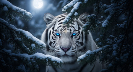 Majestic white tiger with glowing blue eyes in a snowy winter forest under a full moon, fantasy illustrationの素材