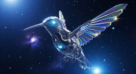Futuristic robotic hummingbird with iridescent crystal wings and glowing blue eyes flying in a cosmic space, sci-fi 3d renderの素材