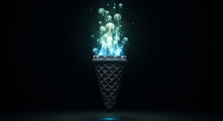 Surreal 3d render of a black ice cream cone with glowing bioluminescent jellyfish floating out instead of ice cream on a dark backgroundの素材