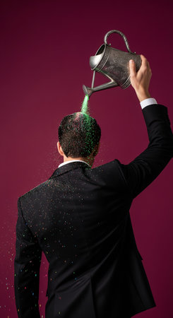 Conceptual studio photography of a businessman watering his own head with green glitter from a silver can to symbolize self-growthの素材