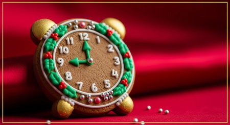 Photographic style of a festive gingerbread cookie decorated as an alarm clock on a red silk backgroundの素材