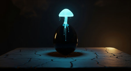 Surreal 3d render of a glowing blue bioluminescent mushroom dripping slime on a black egg on a cracked surfaceの素材