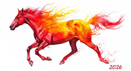 Watercolor illustration of a running fire horse symbolizing the Chinese zodiac year 2026 on a white backgroundの素材