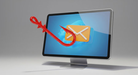 A conceptual 3d render of a computer monitor with an email icon caught by a red phishing hook symbolizing a cyber attackの素材
