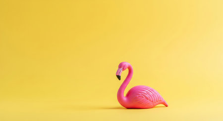 Minimalist pop art photo of a pink plastic flamingo toy on a vibrant yellow background symbolizing summerの素材