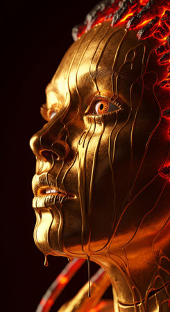 Surreal 3d render of a golden female face with liquid drips cracking to reveal molten lavaの素材