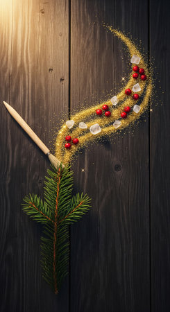 Creative flat lay of a paintbrush with a fir branch painting a magical trail of glitter on a rustic wooden backgroundの素材