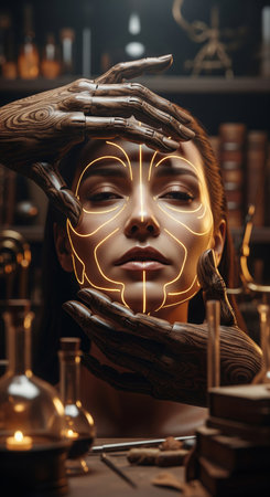 Mystical creator with wooden robotic hands framing a face with glowing golden lines in a fantasy alchemist laboratoryの素材