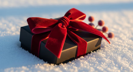 An elegant black gift box with a red velvet ribbon in the snow at sunset, a festive Christmas presentの素材