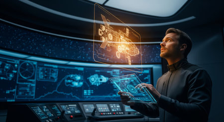 Male engineer in a futuristic sci-fi control room analyzing a holographic starship blueprint on a transparent screen, cinematic styleの素材