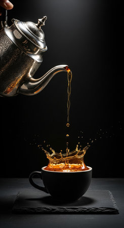 Pouring tea from an elegant vintage silver teapot into a black cup with a splash, a cinematic and luxurious still life sceneの素材