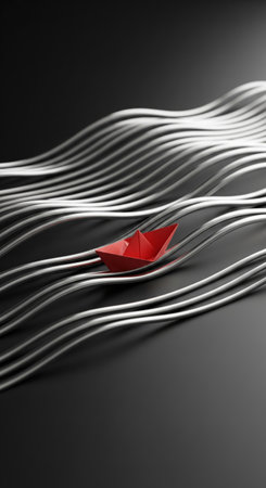 Red paper boat leading the way on a different path among wavy lines, a minimalist 3d illustration of leadership and innovationの素材